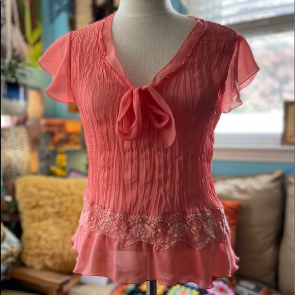 y2k Top Crinkle Chiffon Wrinkle Blouse Flutter Cap Sleeve Ruffles Lace - Picture 6 of 16